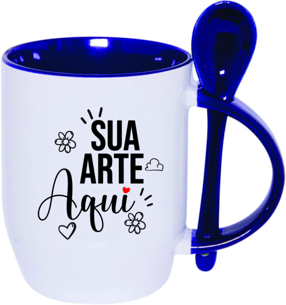 Caneca de cerâmica branca com colher, alça e interior coloridos PERSONALIZADA - Imagem 3