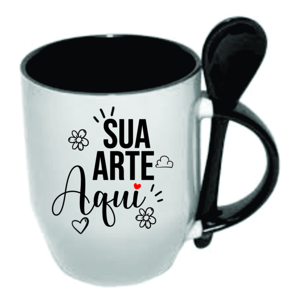 Caneca de cerâmica branca com colher, alça e interior coloridos PERSONALIZADA - Imagem 6