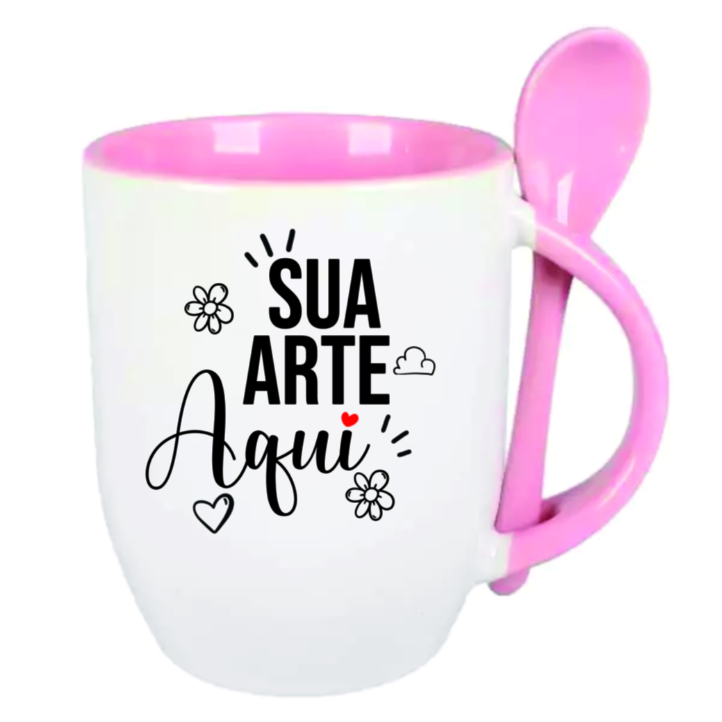 Caneca de cerâmica branca com colher, alça e interior coloridos PERSONALIZADA - Imagem 4