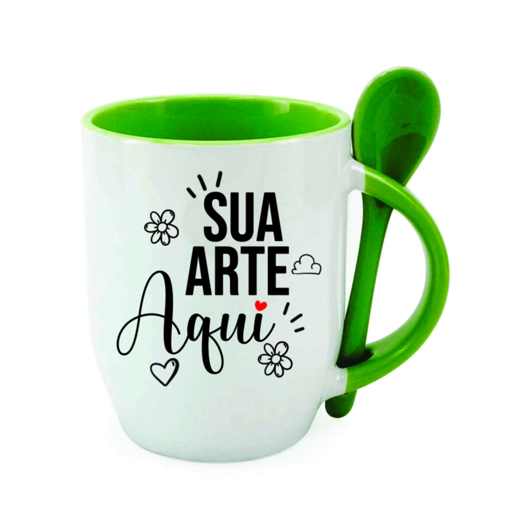 Caneca de cerâmica branca com colher, alça e interior coloridos PERSONALIZADA - Imagem 5