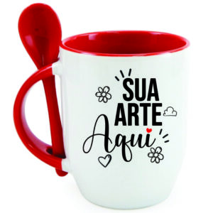 Caneca de cerâmica branca com colher, alça e interior coloridos PERSONALIZADA