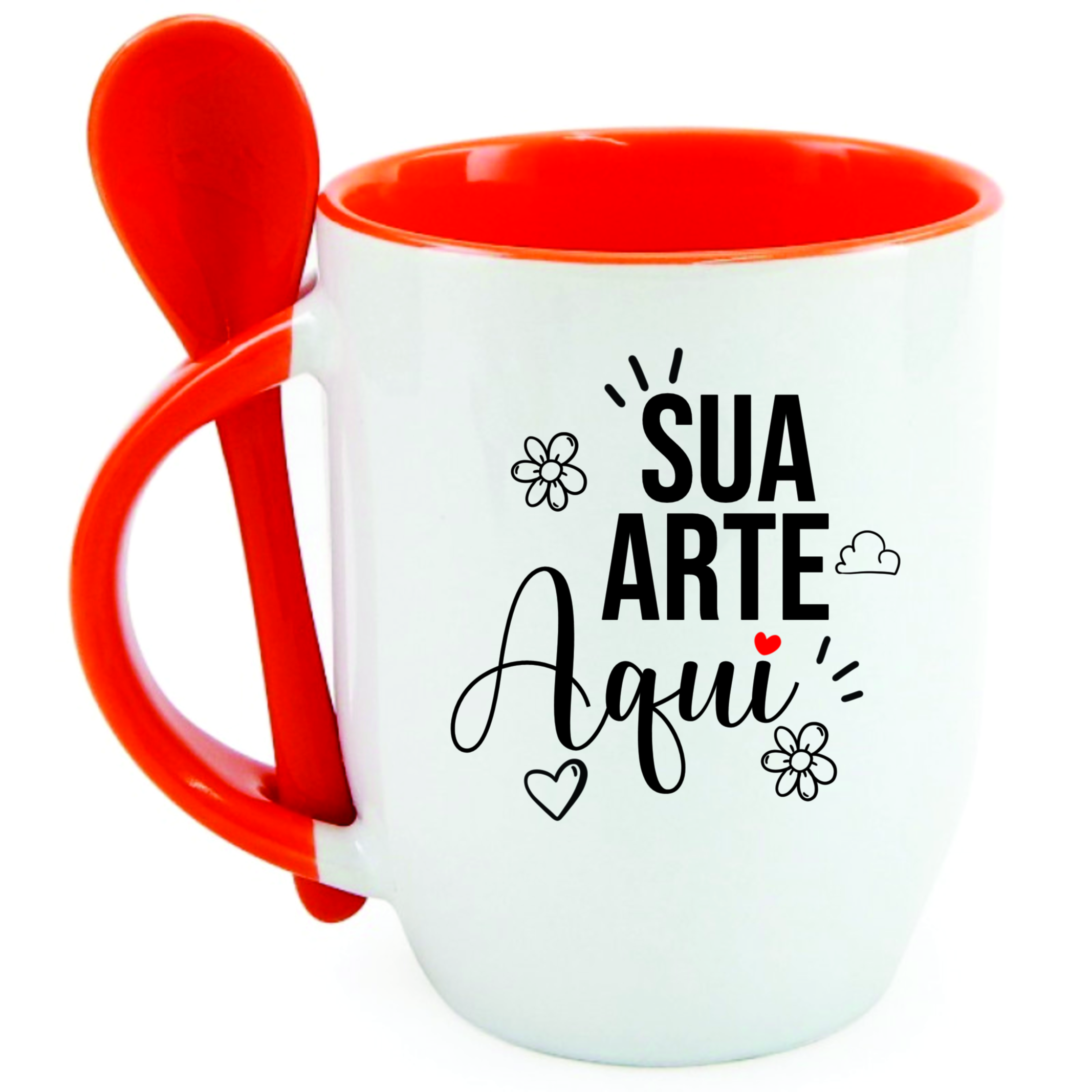 Caneca de cerâmica branca com colher, alça e interior coloridos PERSONALIZADA - Imagem 2